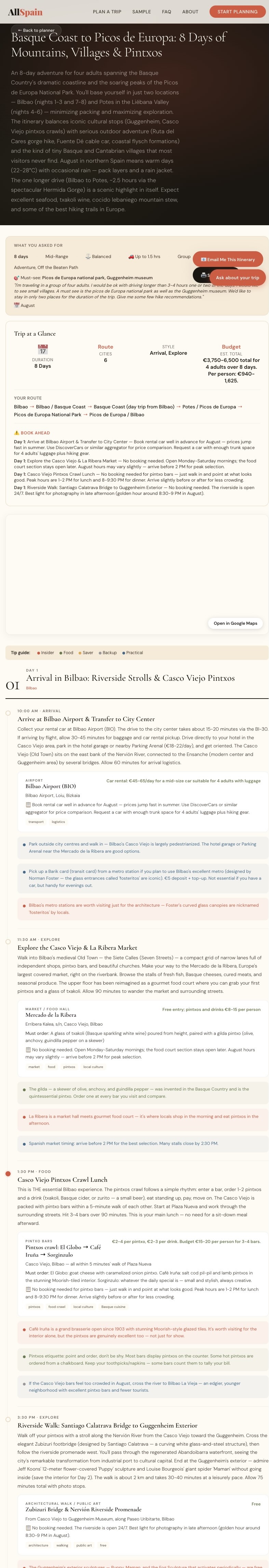 Sample AllSpain itinerary showing day-by-day plan with restaurants, tips, and booking details